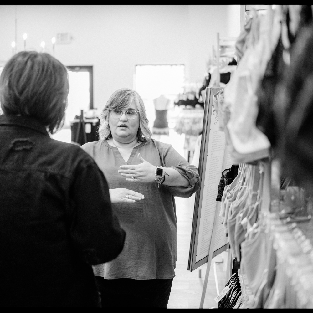 Woman getting fitted for mastectomy pocketed bra in Peru, IL