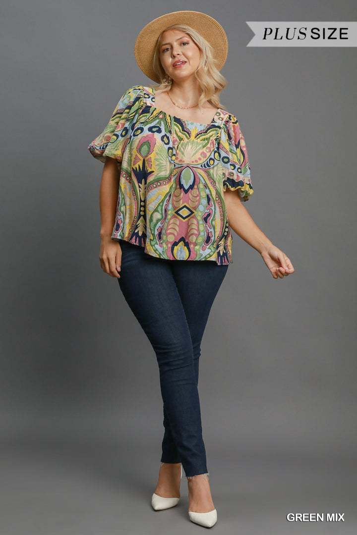 Abstract Print Square Neck Top