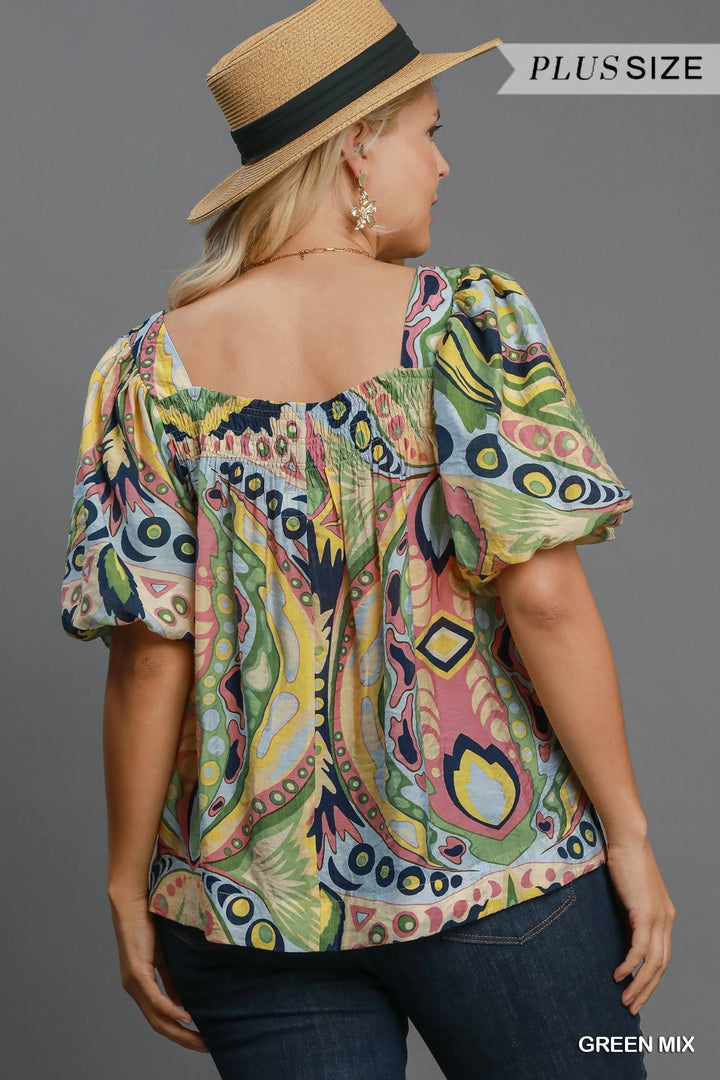 Abstract Print Square Neck Top
