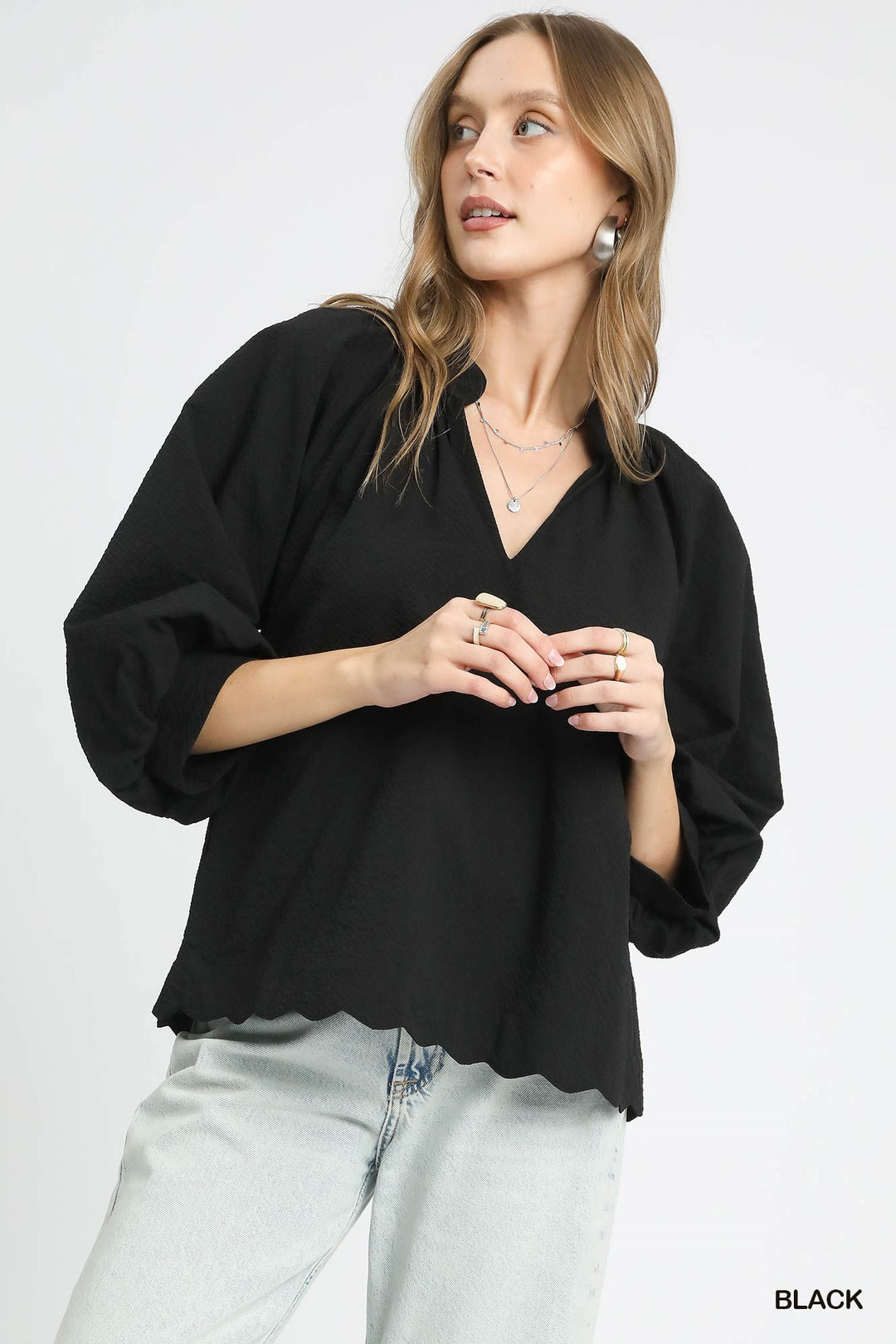Split V-Neck Top w/ Balloon Sleeves