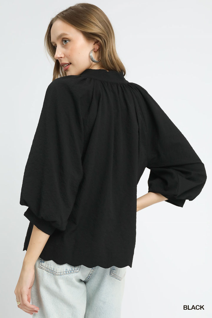 Split V-Neck Top w/ Balloon Sleeves