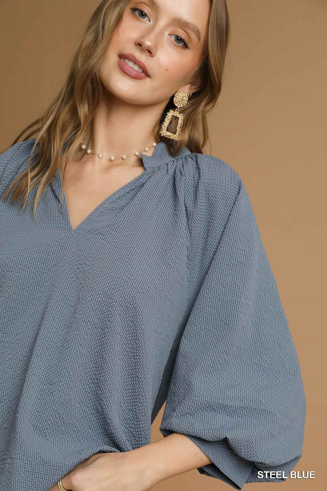 Split V-Neck Top w/ Balloon Sleeves