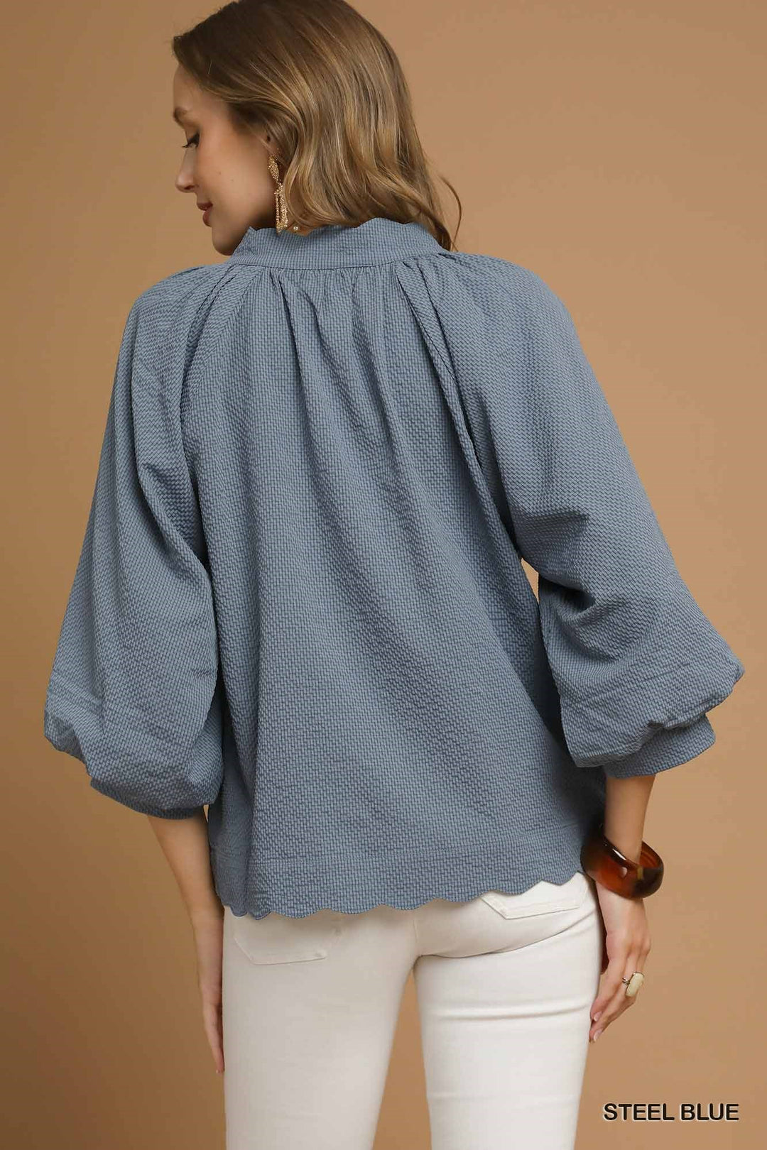 Split V-Neck Top w/ Balloon Sleeves