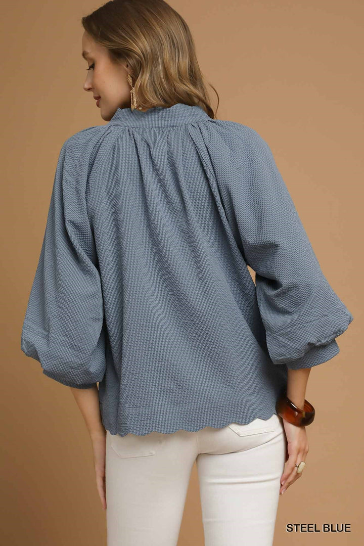 Split V-Neck Top w/ Balloon Sleeves