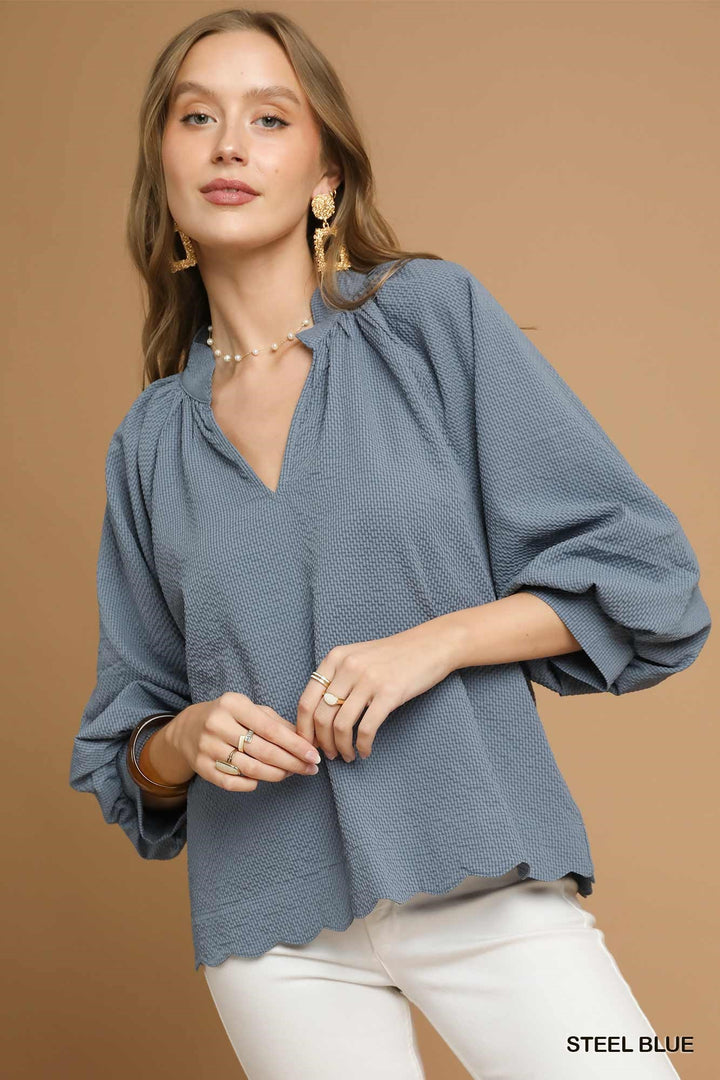 Split V-Neck Top w/ Balloon Sleeves