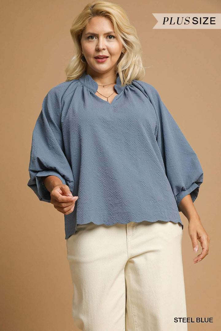 Split V-Neck Top w/ Balloon Sleeves