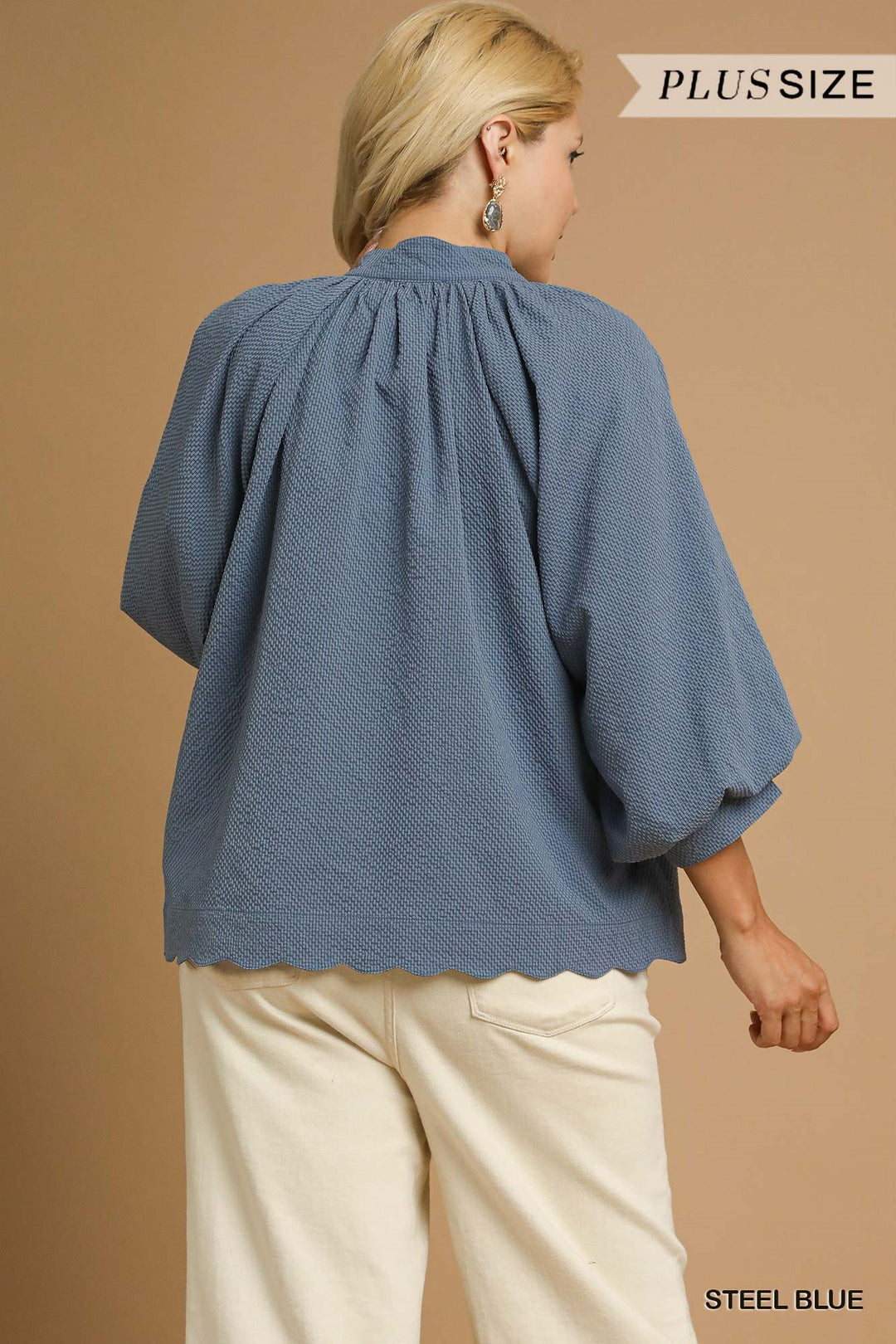 Split V-Neck Top w/ Balloon Sleeves