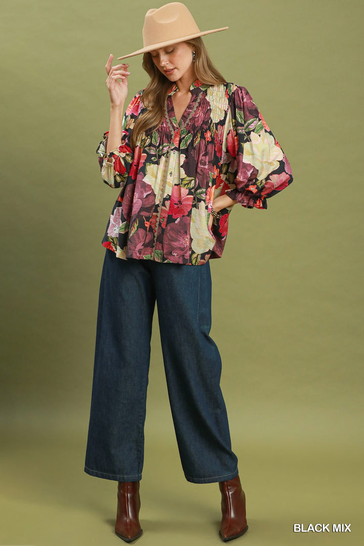 Mix Floral Print Button Front Blouse