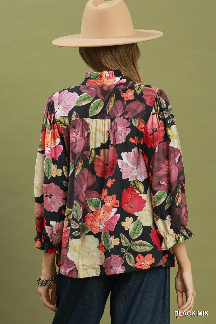 Mix Floral Print Button Front Blouse