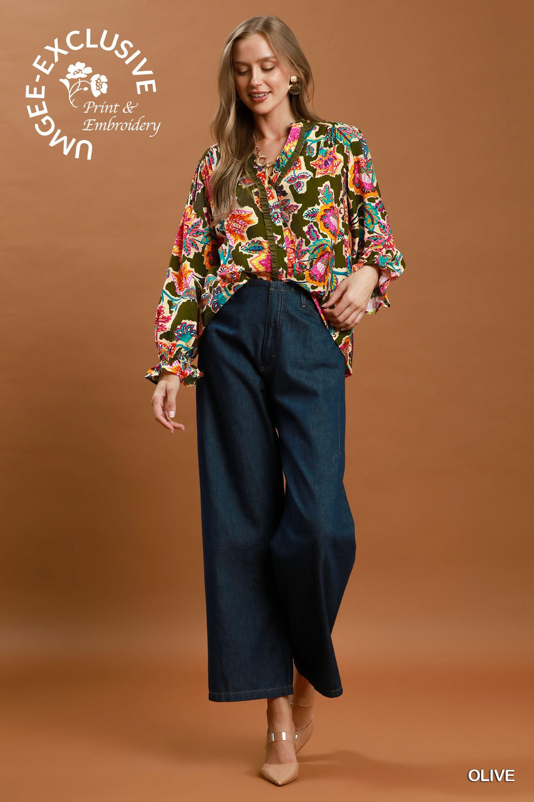 Mixed Floral Print Button Down Blouse