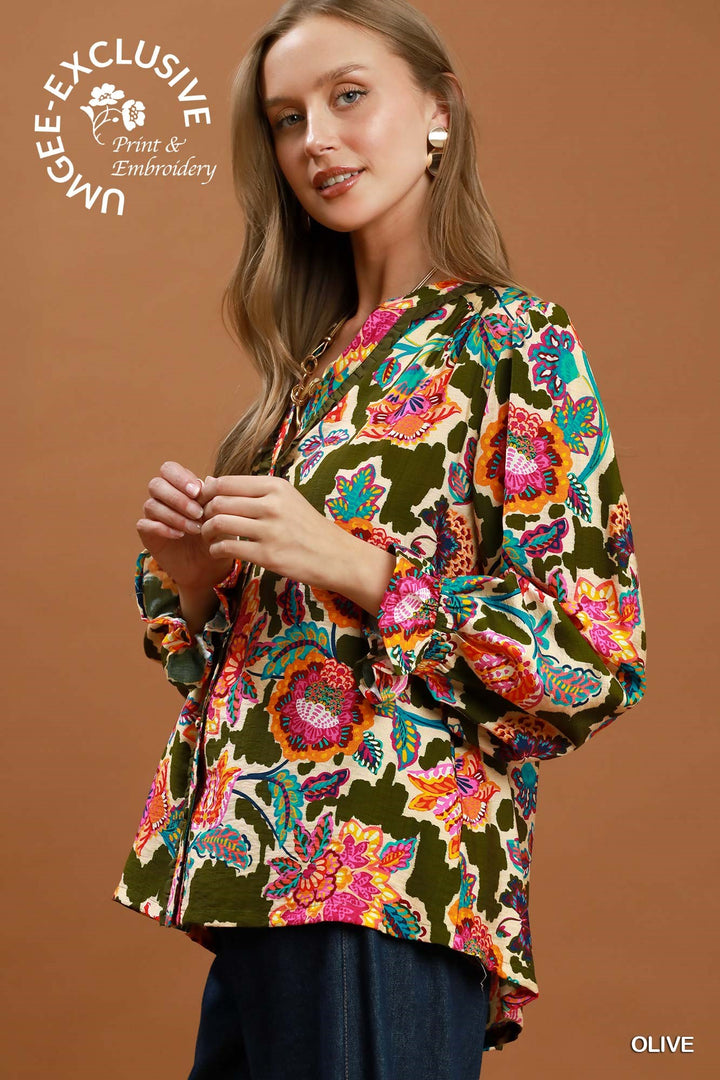 Mixed Floral Print Button Down Blouse