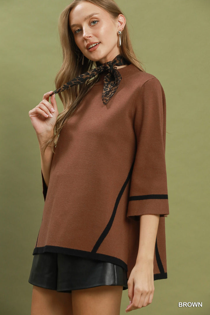 Mock Neck Contrast Trim Short Sleeve Knit Sweater Top