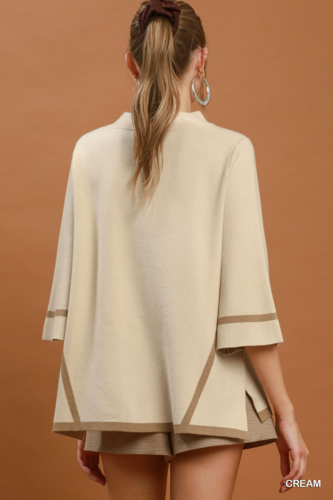 Mock Neck Contrast Trim Short Sleeve Knit Sweater Top