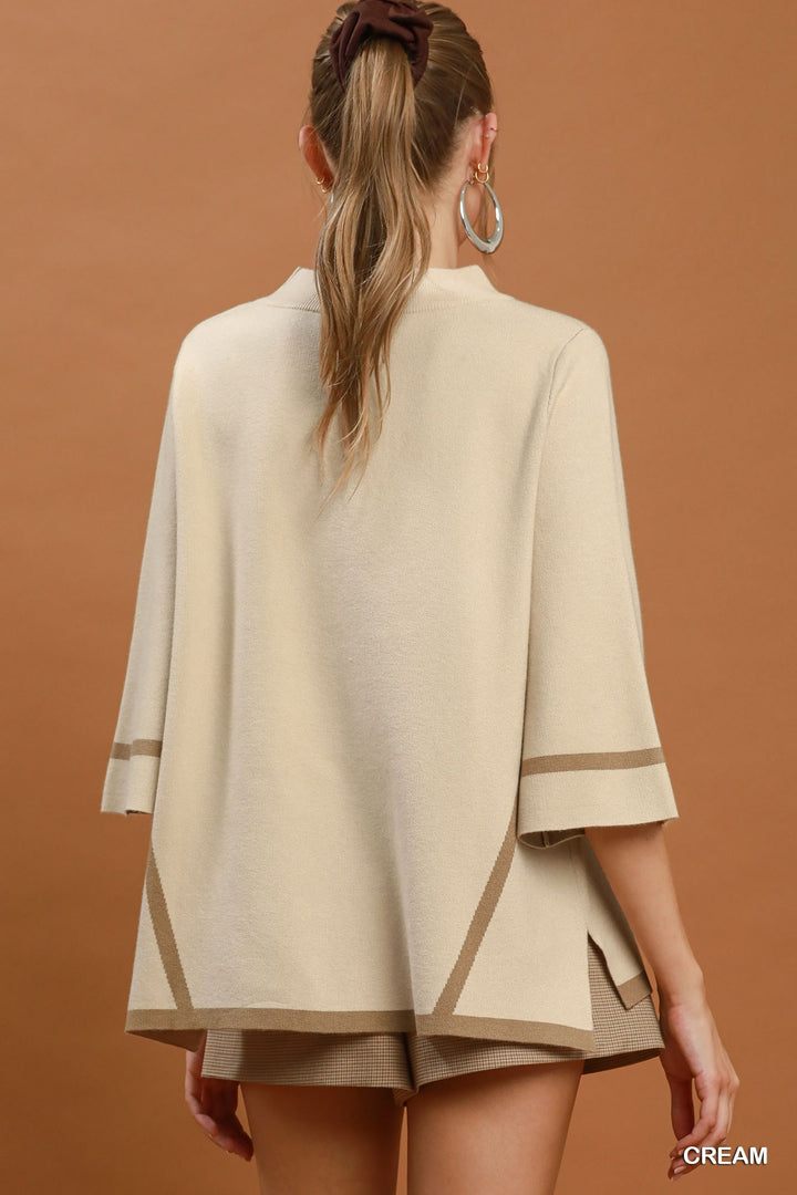 Mock Neck Contrast Trim Short Sleeve Knit Sweater Top