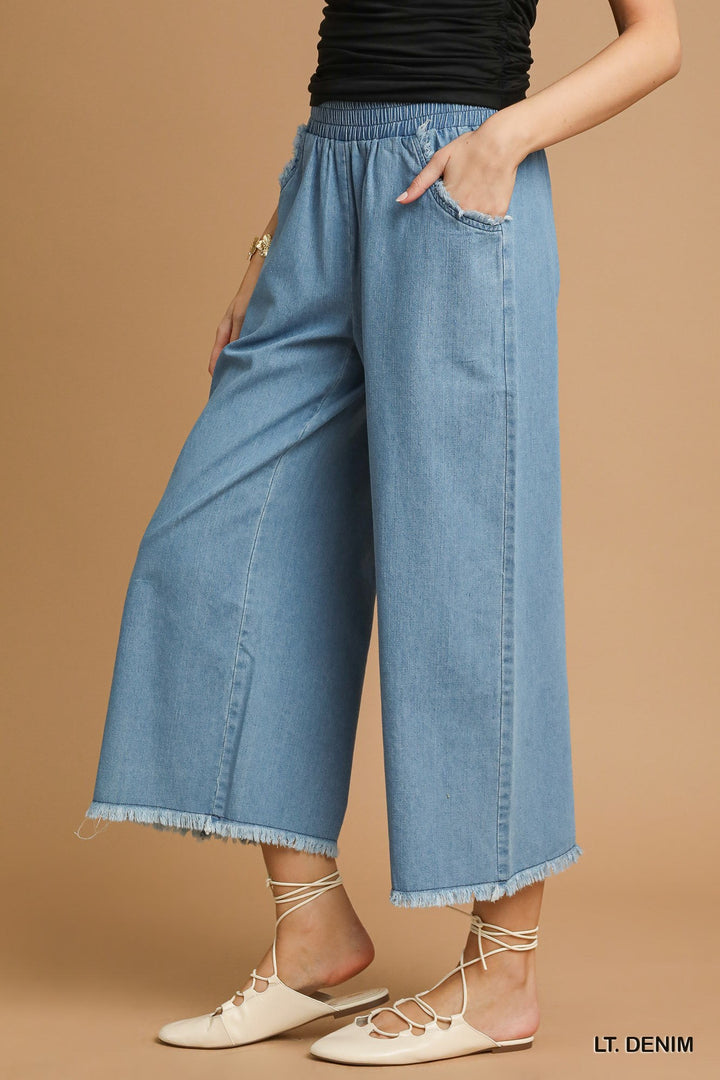 Washed Denim Pants w/ Fringe Hem