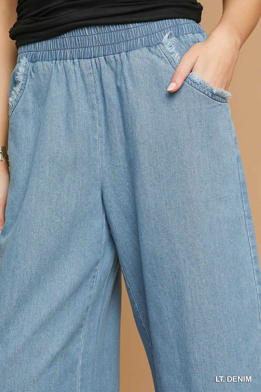 Washed Denim Pants w/ Fringe Hem