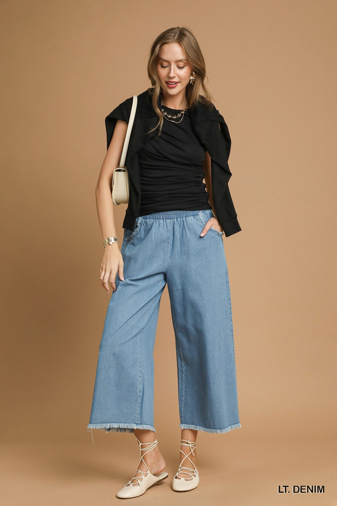 Washed Denim Pants w/ Fringe Hem