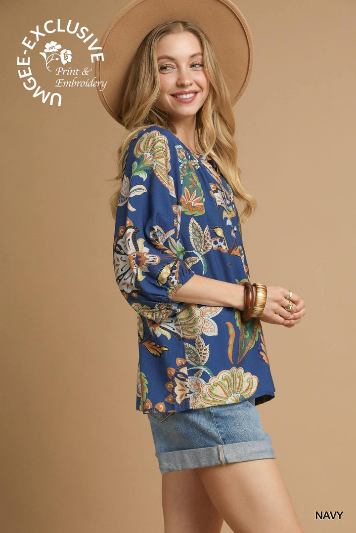 Boho Paisley Puff Sleeve Blouse