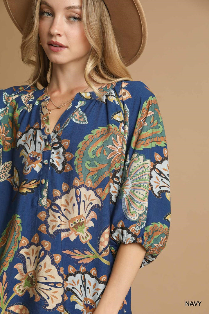 Boho Paisley Puff Sleeve Blouse
