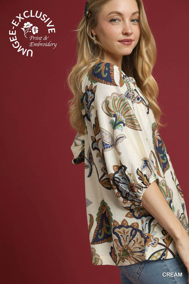 Boho Paisley Puff Sleeve Blouse