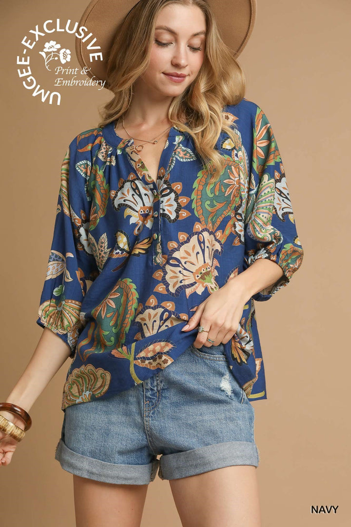 Boho Paisley Puff Sleeve Blouse