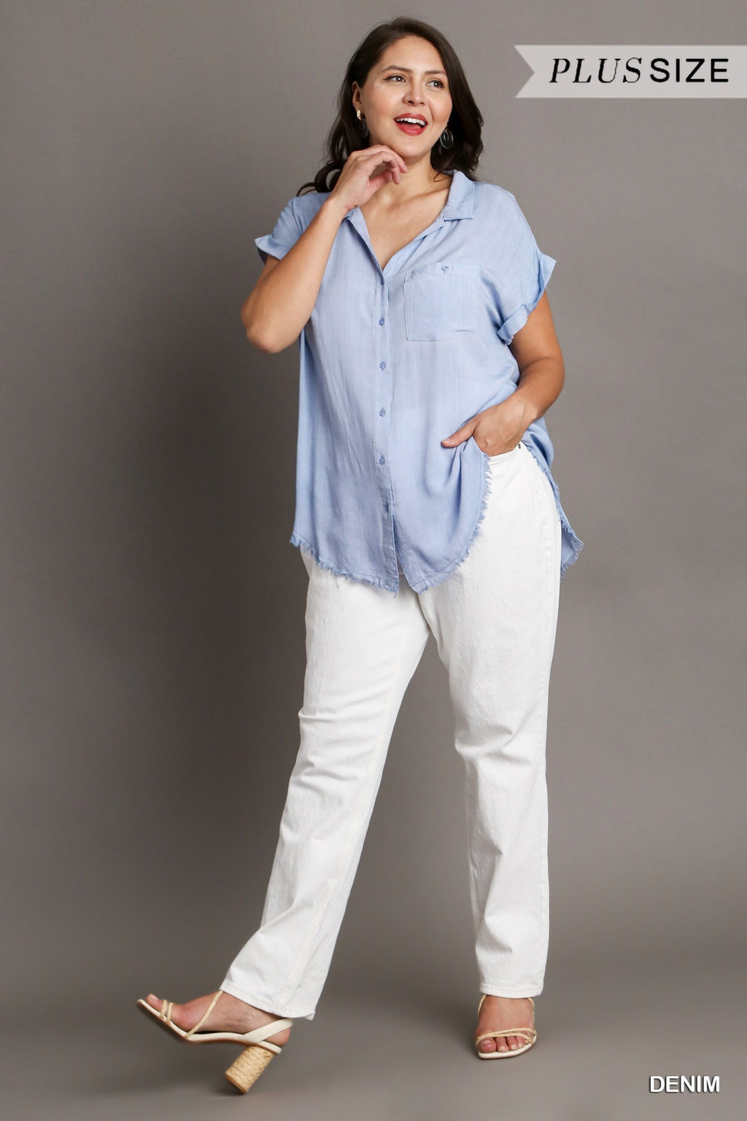 Washed Button Up Short Sleeve Top with Frayed Hemline
