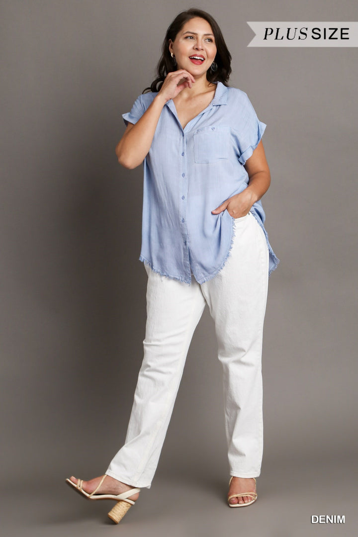 Washed Button Up Short Sleeve Top with Frayed Hemline
