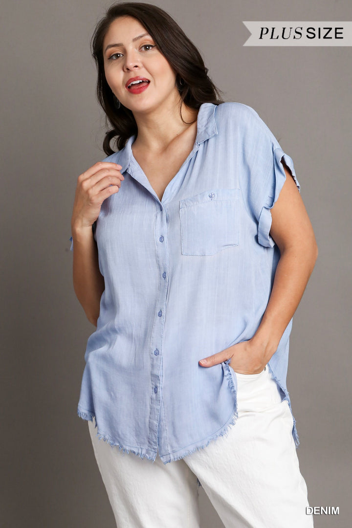 Washed Button Up Short Sleeve Top with Frayed Hemline